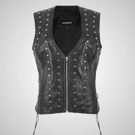 GELINE Black Leather Studded Laced Biker Leather Waistcoat for Women